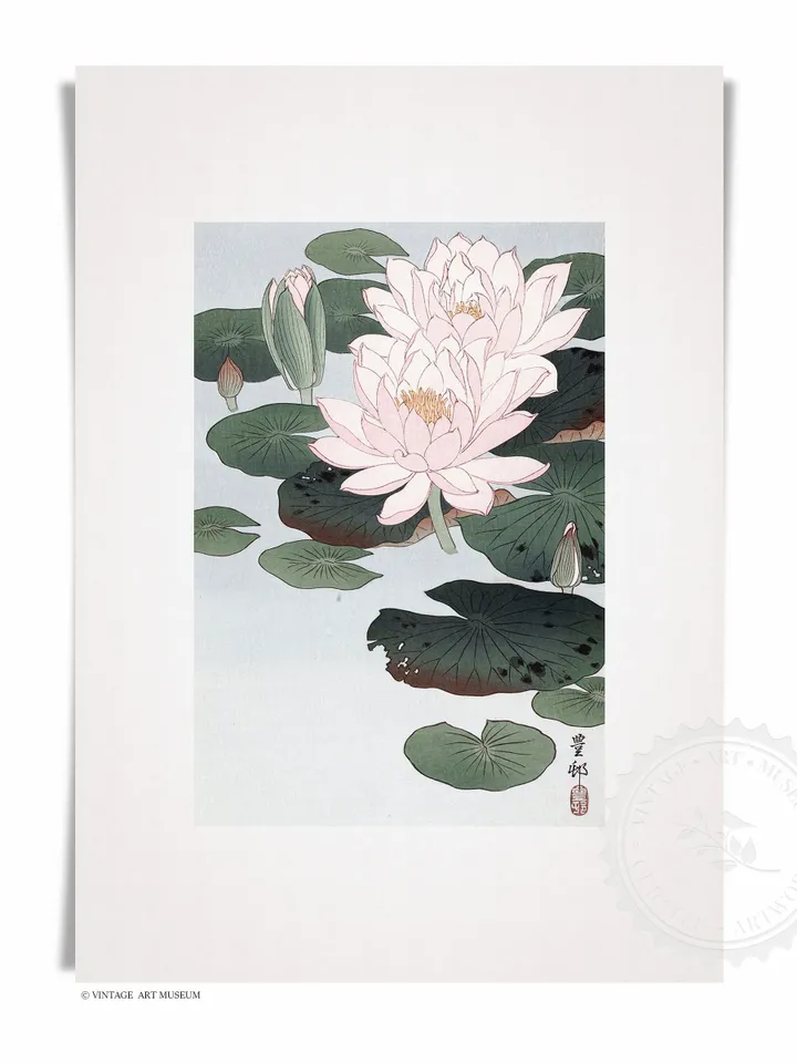 Diptych Painting Japanese Art Vintage Prints, Lotus Watercolor set of 2, Printable Wall Decor Digital | 97 S2