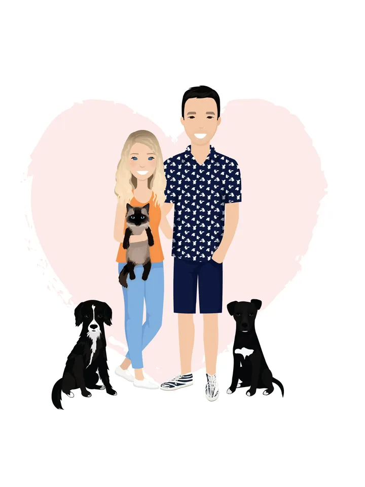 Custom Couple Portrait with pet, Christmas illustration, First paper housewarming gift