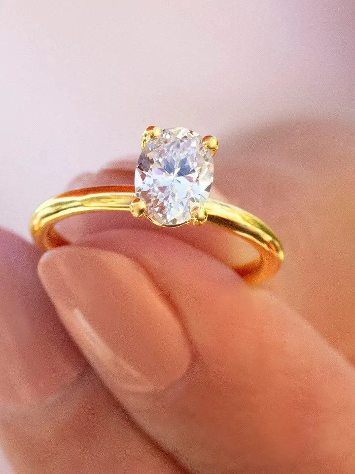 OVAL SOLITAIRE RING | 1.5 Ct Oval Cut Moissanite Diamond Ring | Halo Engagement Ring | Real diamond 14k Gold Ring Band | Oval Wedding Ring