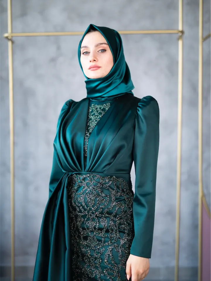 Rana Emerald Satin Ahunare Embroidered Wedding Dress, Muslim Evening Gown, Nikah, Islamic Wedding, Engagement, Bridesmaid, Maxi Dress