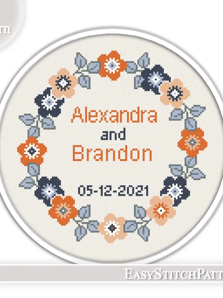 Flower frame cross stitch pattern. Wedding cross stitch pattern. DIY. Floral Wreath.