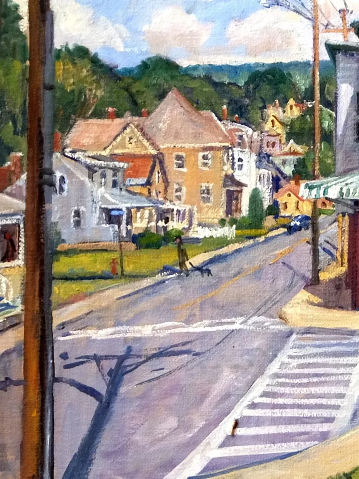 Large Original Landscape Painting -Corner Market/North Adams- 30x30 Oil on Canvas, Plein Air Impressionist Cityscape, Signed Original