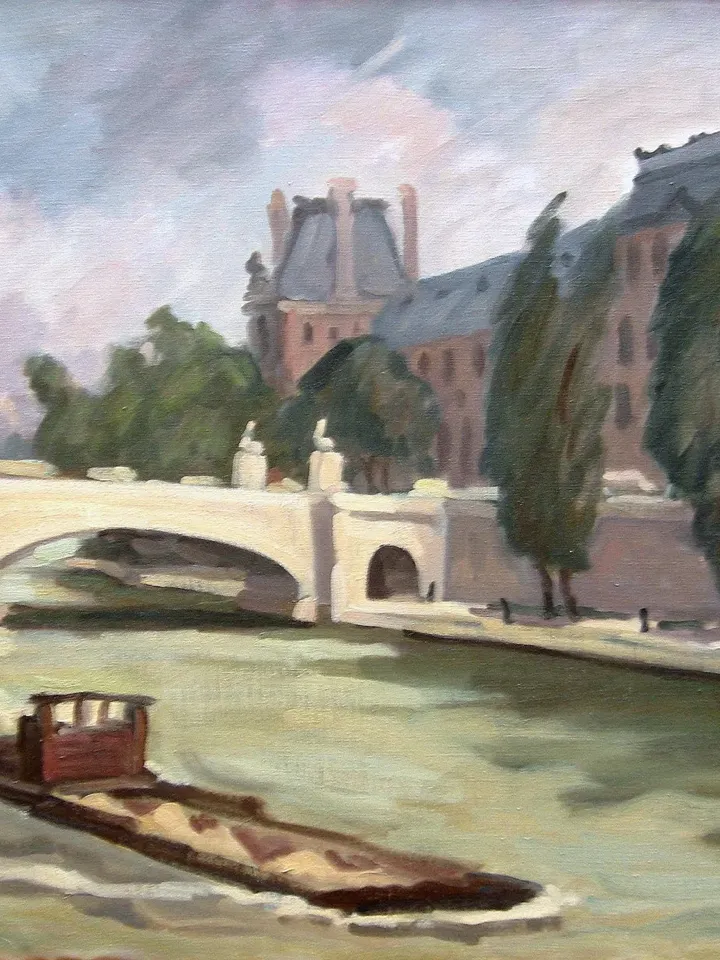 Large Paris Landscape Painting - The Seine/Pont du Louvre/1984- 20x24 Oil on Canvas, Plein Air Impressionist Cityscape, Original Fine Art