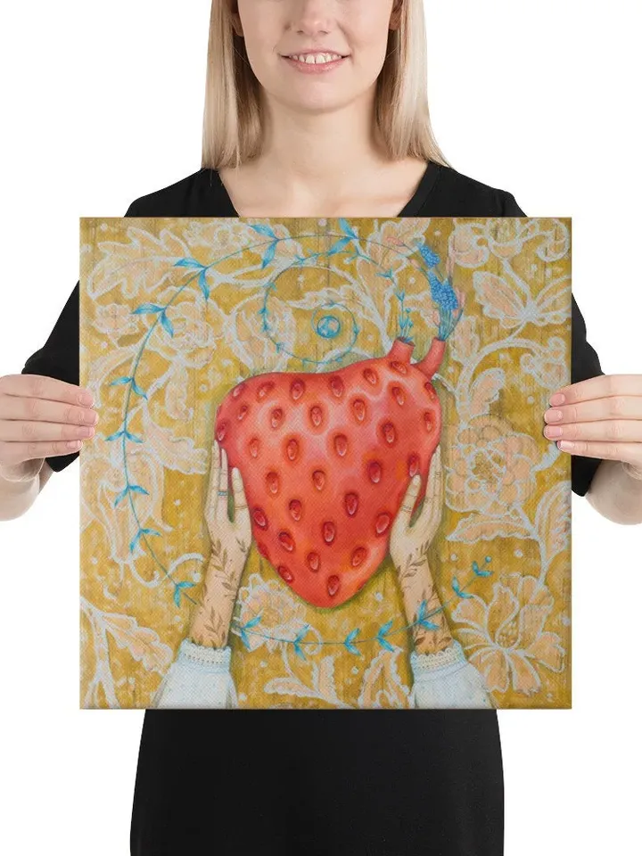 Big heart in hands, Strawberry heart, print on canvas from the original work by Ukrainian artist Aleksandra Paranchenko, Wall décor