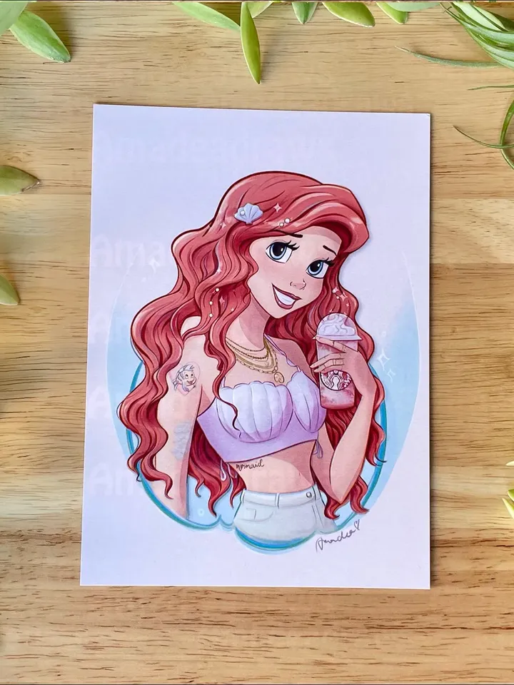 Mermaid Princess w Tumbler Matte Art Print | Wall Art | Home Decor Print | Family Home Print | Small Gift | Kids Gift