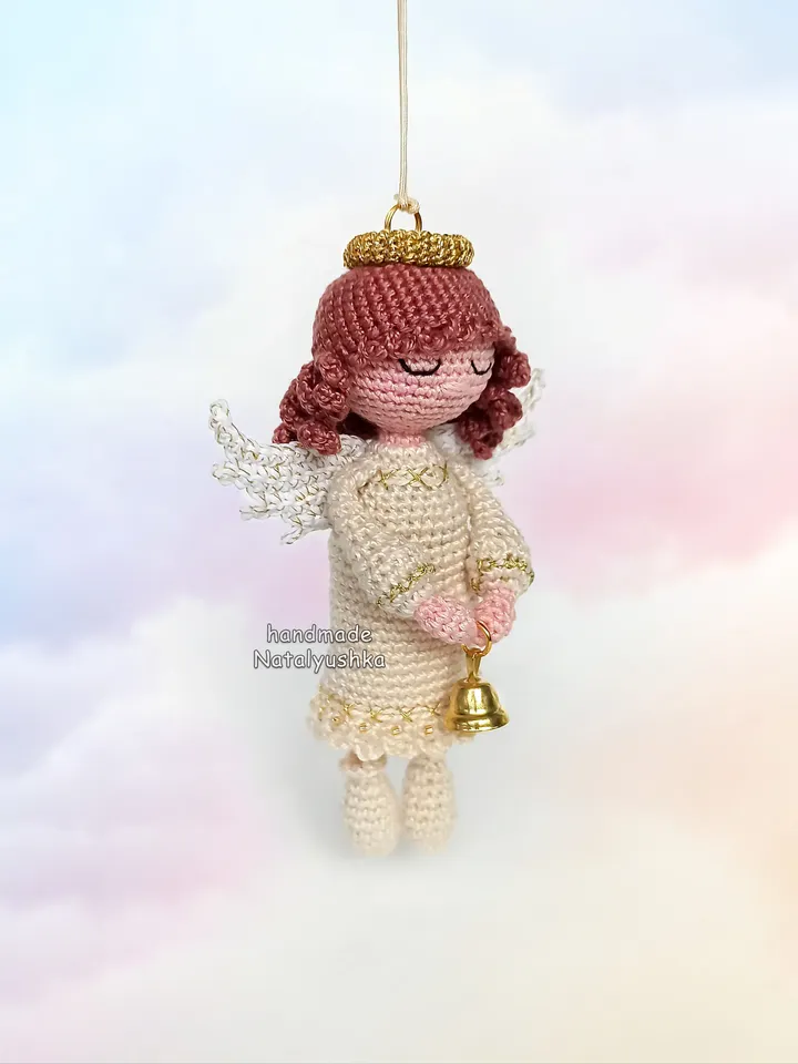 Angel Christmas tree topper, Keychain, White Guardian Angel with a bell, Little hanging Angel, Christmas gift, Holiday decor