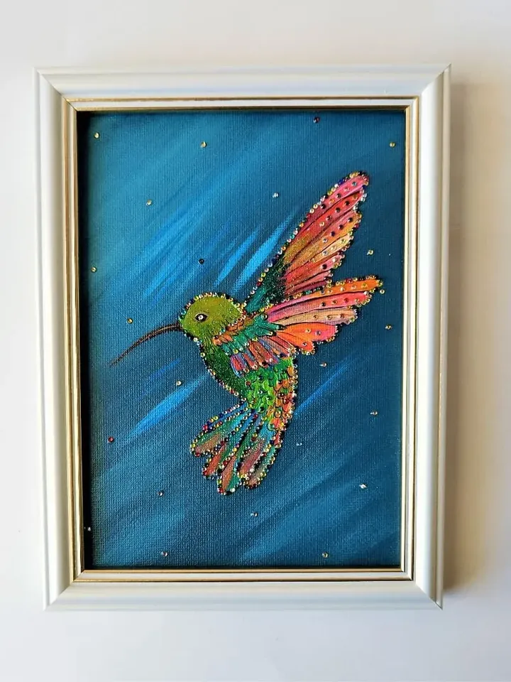 Diamond painting on canvas, Hummingbird canvas painting, Little bird painting