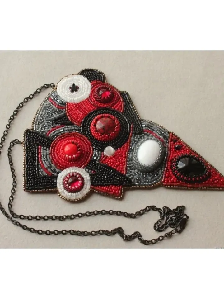 Abstract triangular beaded pendant necklace modern jewelry red black white modern Abstraction