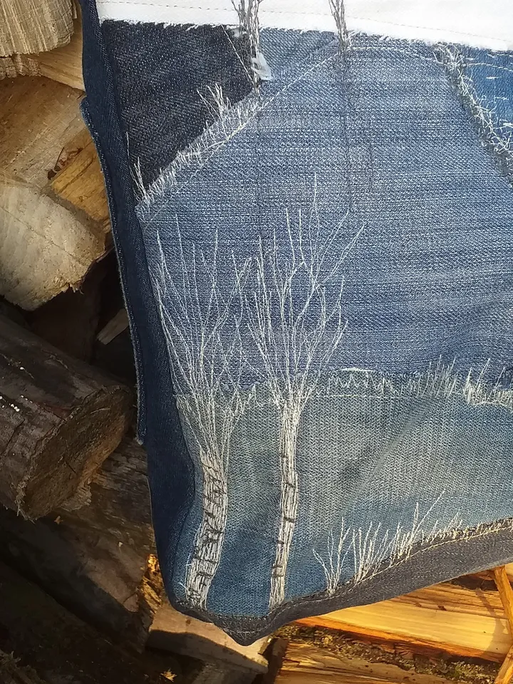 Blue denim ,jeans bag ,upcycling , Bag with winter landscape