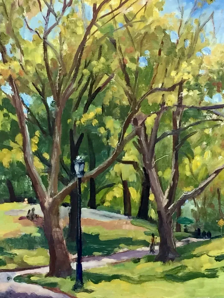 Central Park Landscape Painting -Toward the Shakespeare Playhouse/NYC- 10x10 Oil on Panel, New York Impressionist Fine Art, Signed Original