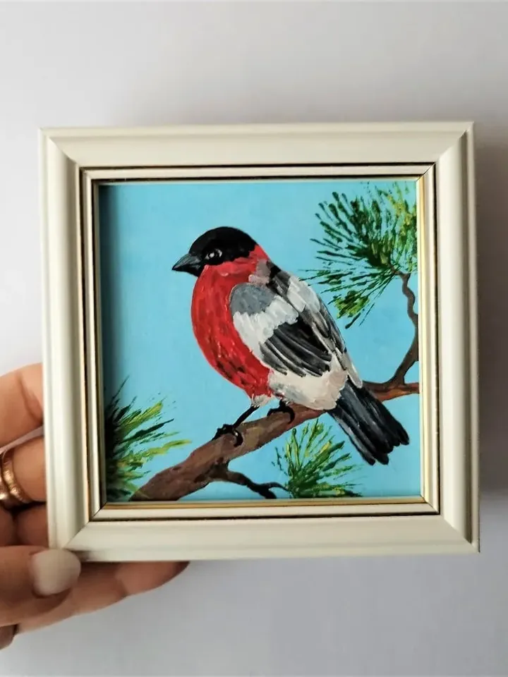 Little bird painting, Bird pictures wall decor, Bullfinch painting very small wall art