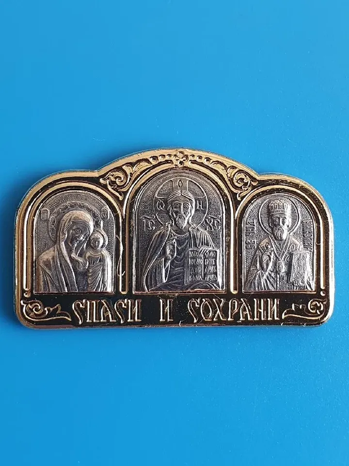 Orthodox icon-sticker Jesus Christ metal base plated with silver 925 handmade 1.9x1" free shipping