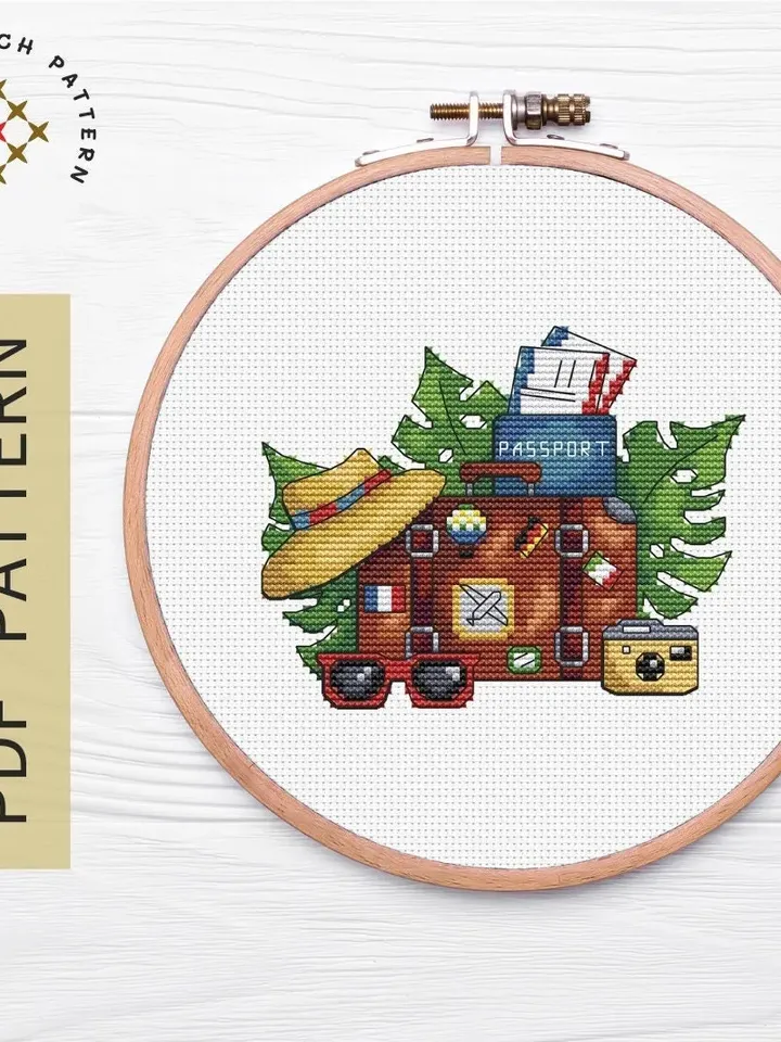 Travel Cross Stitch Pattern PDF, Suitcase Travel Cross Stitch, Vintage Travel Modern Cross Stitch, Easy Cross Stitch Travel