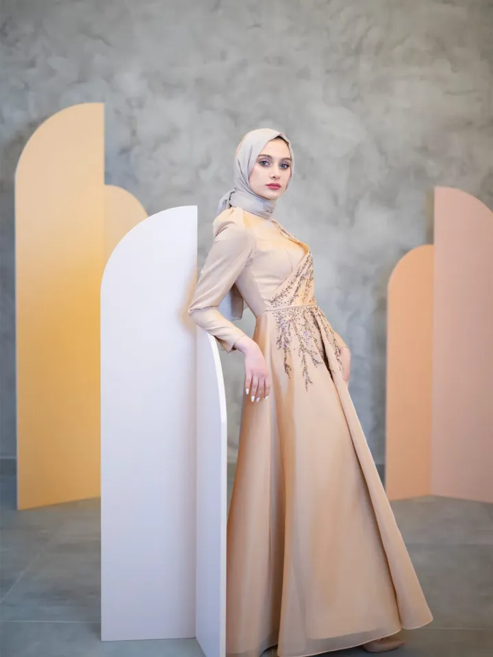 AHUNARE HIJAB - Dilnur Beige Embroidered Wedding Dress, Muslim Evening Gown, Nikah, Islamic Wedding, Engagement, Bridesmaid,