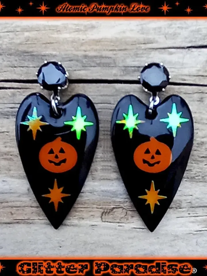 Atomic Pumpkin Love - Earrings - Pumpkin Jewelry - Halloween Earrings - Halloween Jewelry - Retro Halloween - Pumpkins - Glitter Paradise®