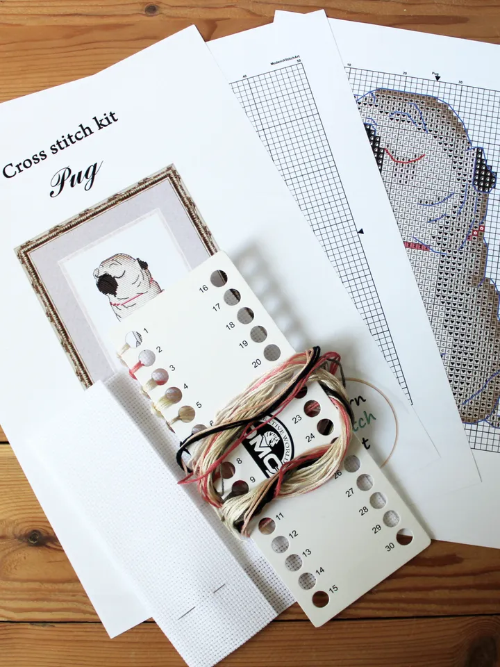 Pug Cross Stitch Kit, Dog Embroidery Kit, Beginner Cross Stitch Kit, Modern Cross Stitch Kit, Easy Xstitch Kit
