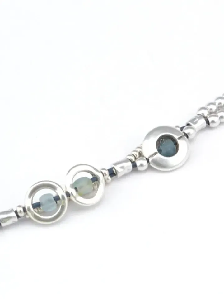 Recycled Ocean Blue Sea Glass Barcelet, Antique Silver Chunky Beaded Bracelet for Women, Bohemian Ethnic Tribal Jewelry, Gifts For Her