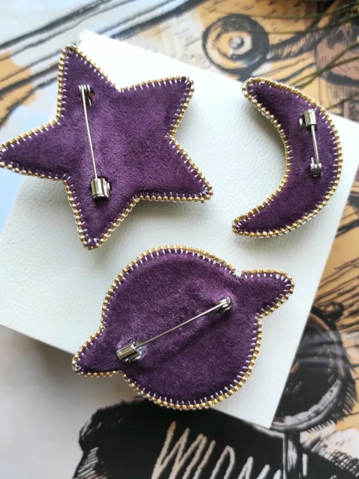Set of brooches, star brooch, moon brooch, Saturn brooch, space pin, planet brooch, star and moon brooch, jewelry set