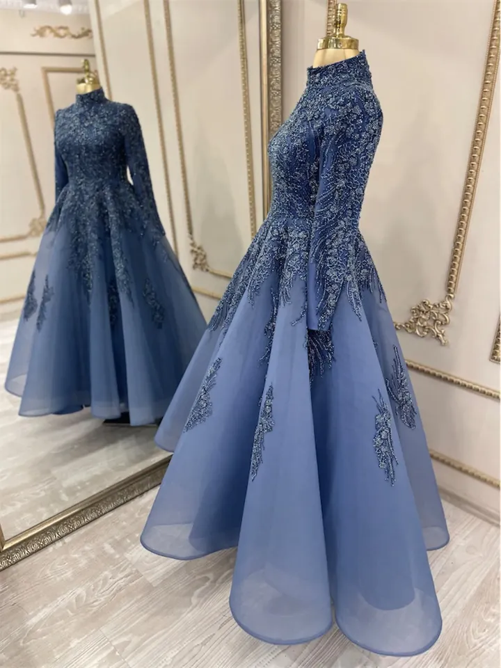 AHUNARE HIJAB - Petek Navy blue Handwork Embroidered  Wedding Dress, Muslim Evening Gown, Nikah, Islamic Wedding, Engagement, Bridesmaid,