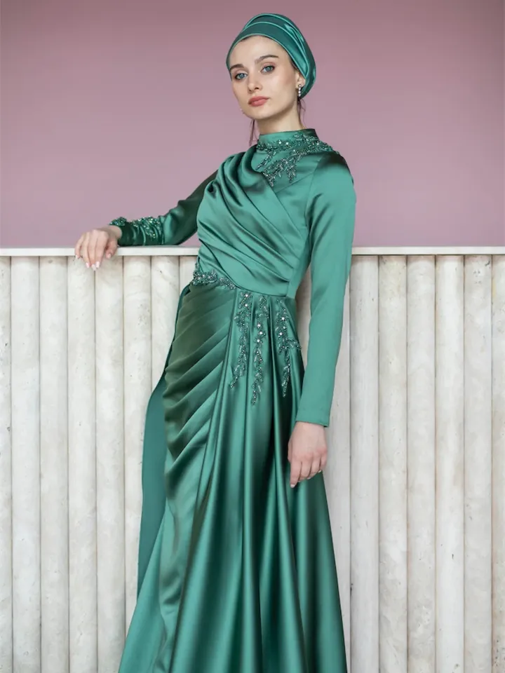 AHUNARE HIJAB - Mercan Mint Satin Tailed Embroidered Wedding Dress, Muslim Evening Gown, Nikah, Islamic Wedding, Engagement, Bridesmaid,