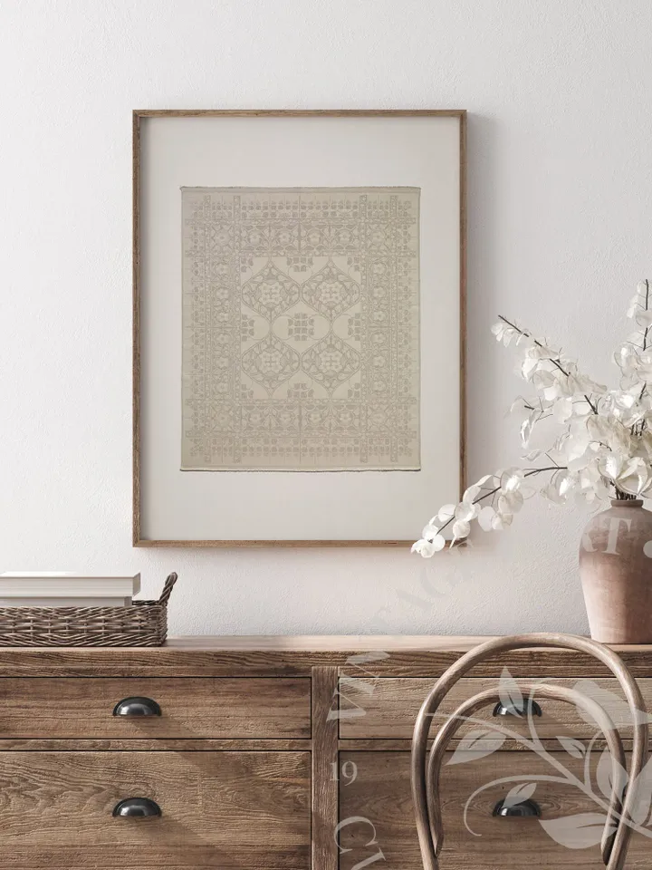 Neutral Vintage Textile Wall Art Print, Napkin With Apple Blossom Pattern, PRINTABLE Modern Farmhouse Decor | #149