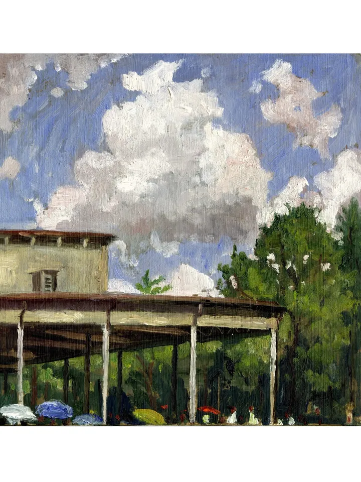 Original Tanglewood Landscape Painting - The Shed/Summer Clouds- 8x8 Oil on Panel, Impressionist Plein Air Landscape, Signed Original