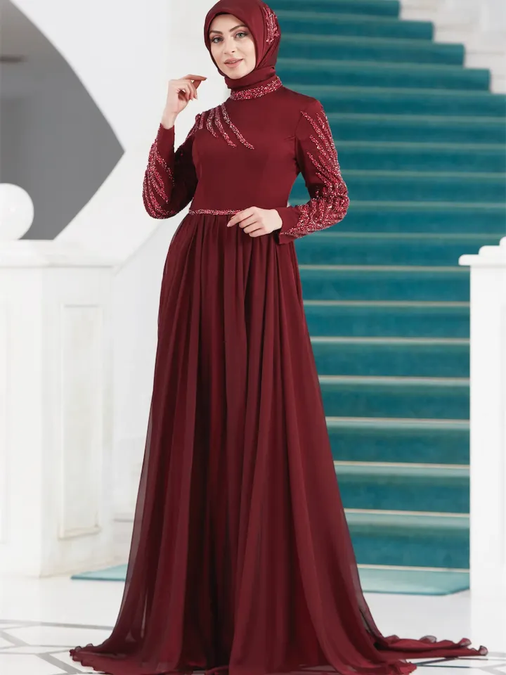 AHUNARE HIJAB - Liz Burgundry Chiffon Wedding Dress, Muslim Evening Gown, Nikah, Islamic Wedding, Engagement, Bridesmaid,