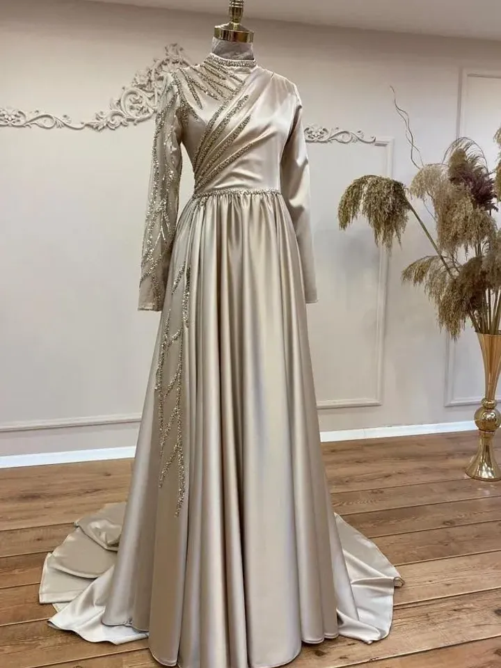 AHUNARE HIJAB - Şura Saten Wedding Dress, Muslim Evening Gown, Nikah, Islamic Wedding, Engagement, Bridesmaid,