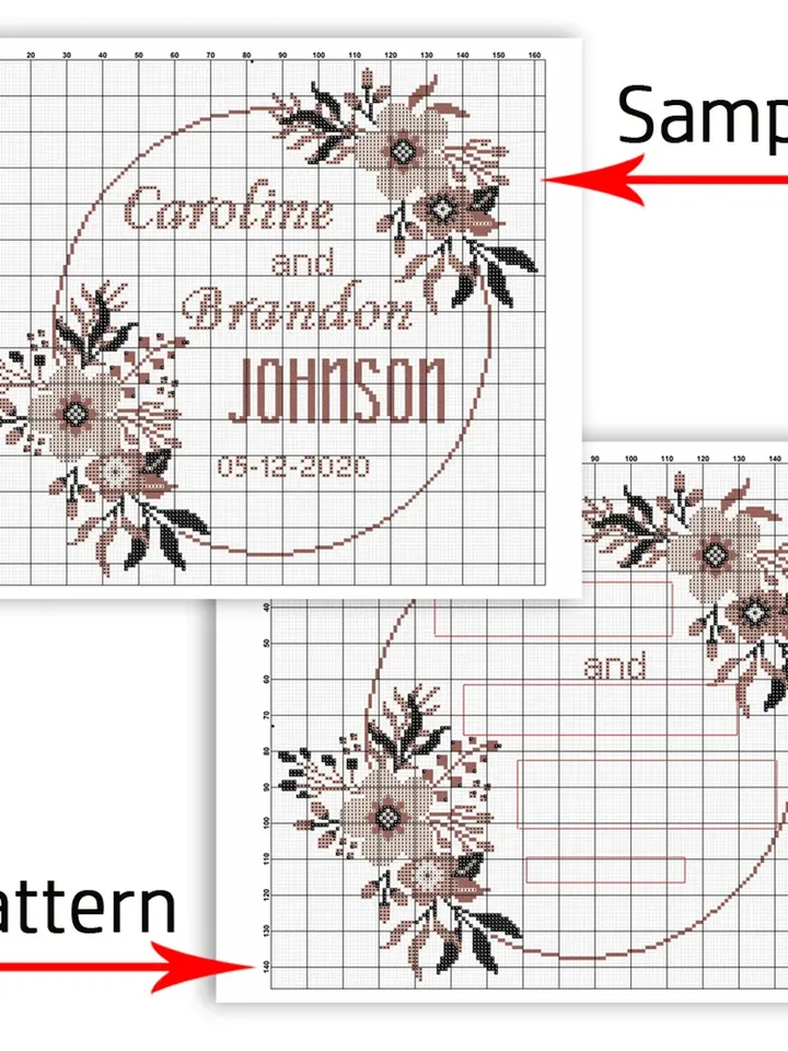 Wedding cross stitch pattern. DIY. Wedding announcement. Floral border.