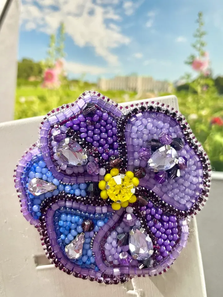 Violet Beaded Brooch, Handmade Embroidered Accessory, Pin Purple Viola, Flower Brooch, Floral Jewelry, Handmade Brooch