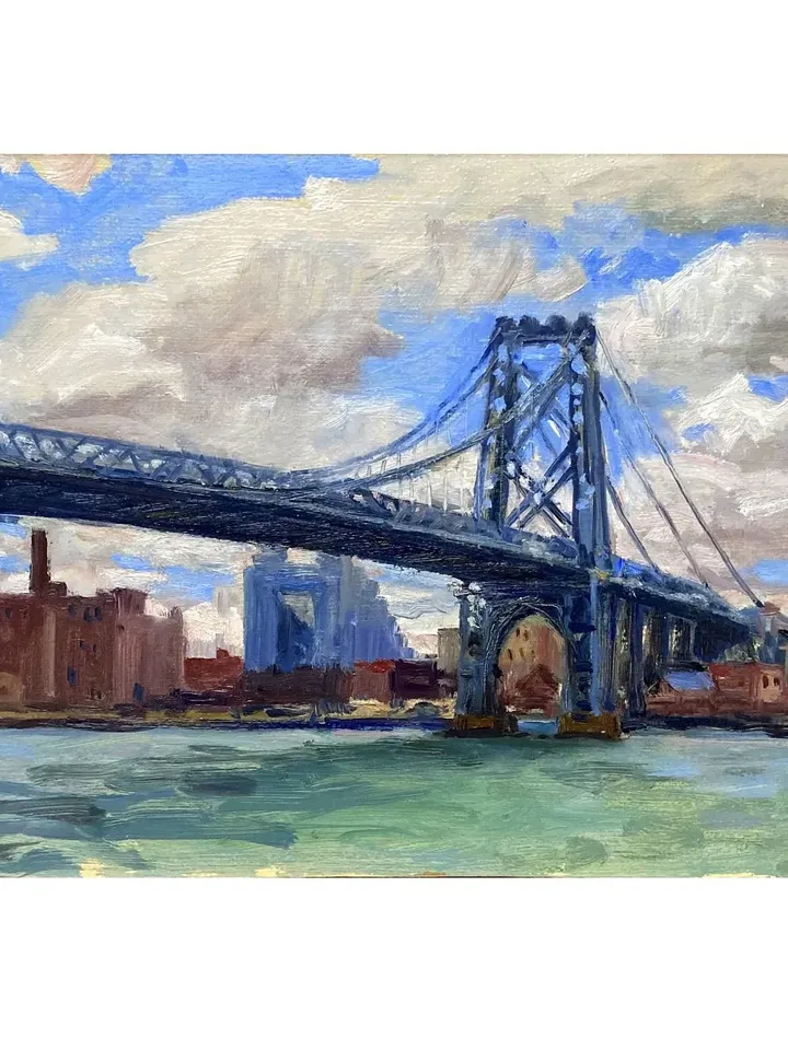 New York City Oil Painting - Williamsburg Bridge/NYC- 10x20 Oil on Panel, Plein Air Urban Impressionist Fine Art, Signed and Framed Original