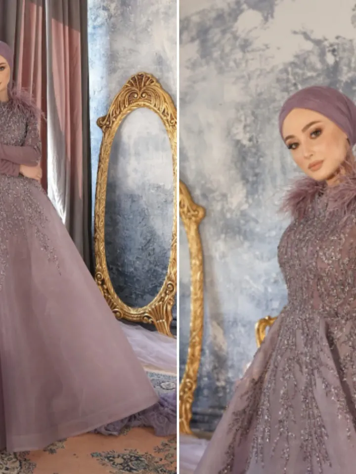 AHUNARE HIJAB - Diamond Rose Color Embroidered Princess Wedding Dress, Muslim Evening Gown, Islamic Wedding, Engagement, Bridesmaid,
