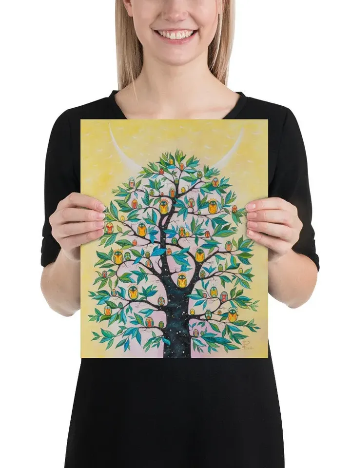 Magic Cosmic Tree, Lots of Birds on the Branches, Painting for Meditation, poster from the original work by Ukrainian artist A. Paranchenko