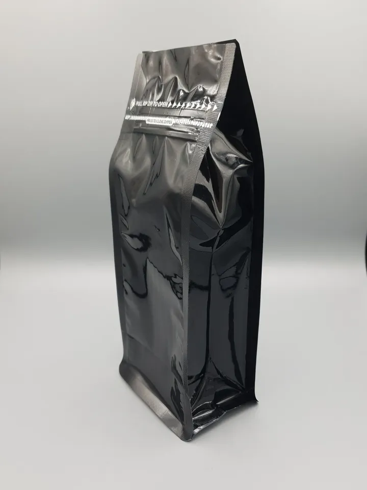 BLACK Shiny FLAT BOTTOM Pouch Zipper from Side with Valve option, Bags for Coffee Bean Tea herbal Candy glossy Black beg, high quality bag