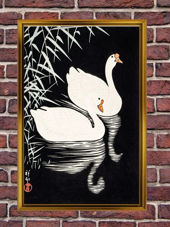 Ukiyo-e Japanese Print - Swan and Reeds Print on Canvas , Floating Frame Option, Modern Wall Art, Extra Large Canvas Wall Art