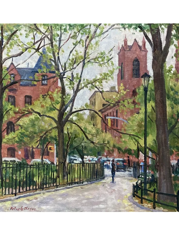 Original New York Cityscape Painting - From Tompkins Sq Park/East Village NYC - 14x14 Oil on Canvas, Signed Original Impressionist Fine Art