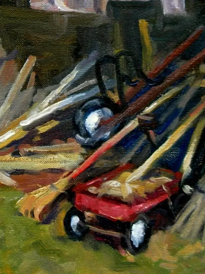 14x18 Landscape Painting -Old Shed/Radio Flyer- Oil on Canvas, Plein Air Contemporary Impressionist Oil, Signed Original Realist Fine Art
