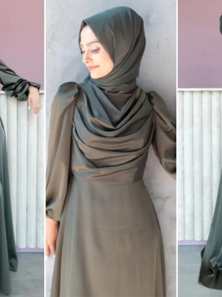 AHUNARE HIJAB - Selvi Dress, Satin Dress, Khaki Color, Muslim Evening Dress, Nikah, Wedding, Engagement, Bridesmaid, ,