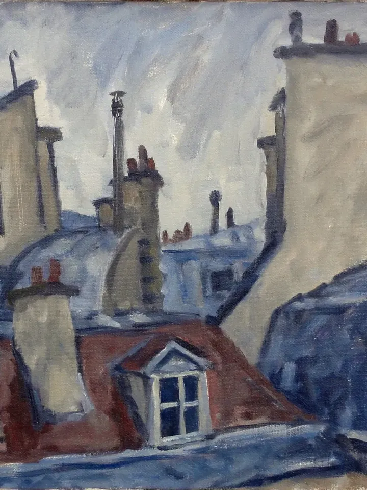 Paris Landscape Painting - Rooftops/Rain - 13x17 Oil on Canvas, Urban Impressionist Cityscape, Signed Original American Realist Fine Art