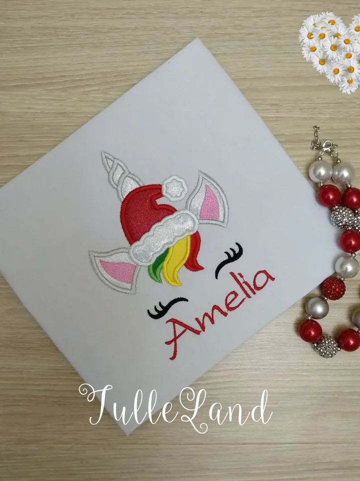 Christmas Unicorn Horn Crown Santa Hat Head Face Magical Reindeer Design applique for Machine Embroidery