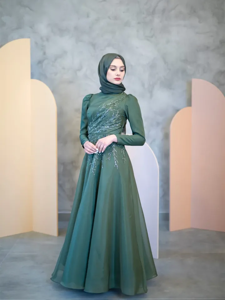 Dilnur Green Ahunare Embroidered Wedding Dress, Muslim Evening Gown, Nikah, Islamic Wedding, Engagement, Bridesmaid, Maxi Dress