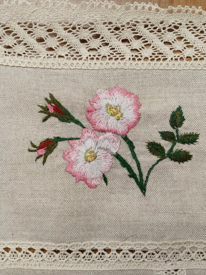 Beautiful table napkin or wall hanging with embroidery flowering herbs, pure, raw, thick, linen. Hand embroidery.