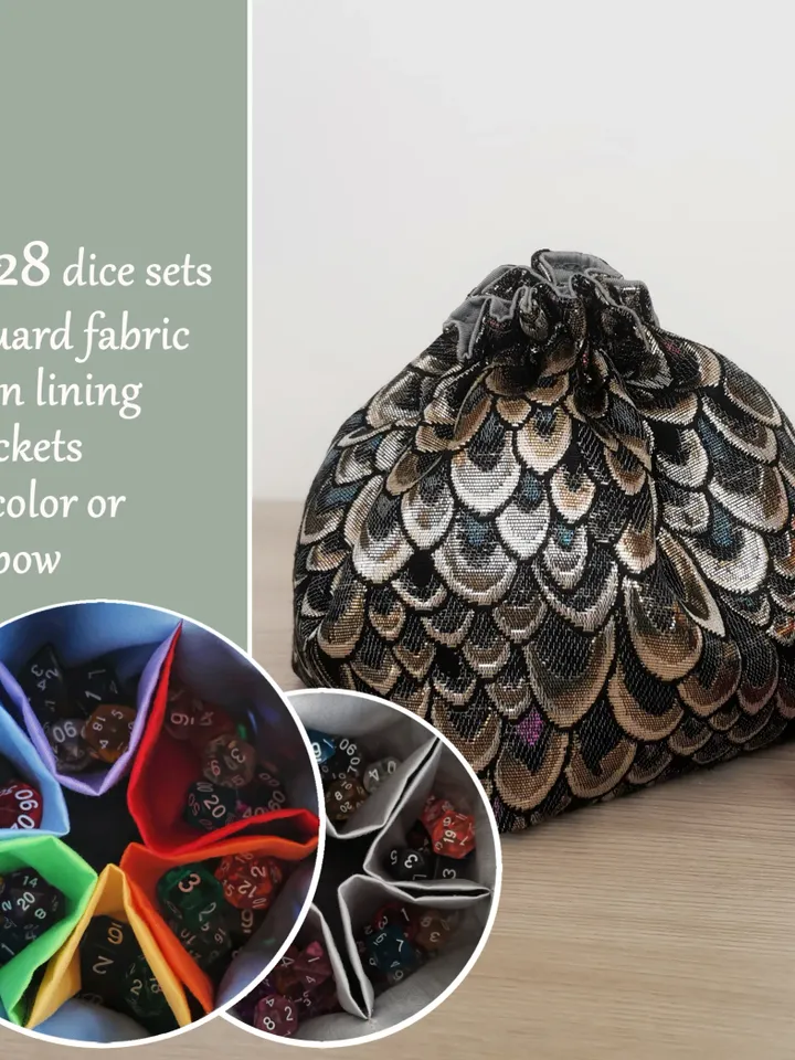 Large dice bag with pockets for 150-200 dice Silver dragon scale jacquard