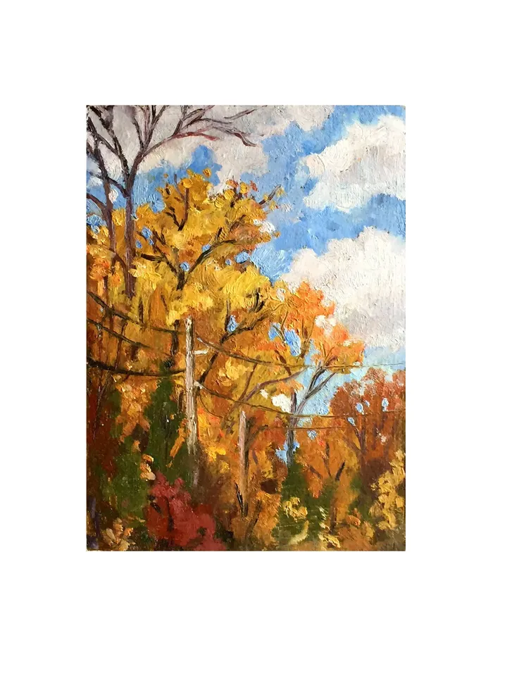 Small Autumn Landscape Painting -Tree Glow- 5x7 Oil on Panel, American Plein Air Impressionist Landscape, Fall Foliage Scenic Fine Art