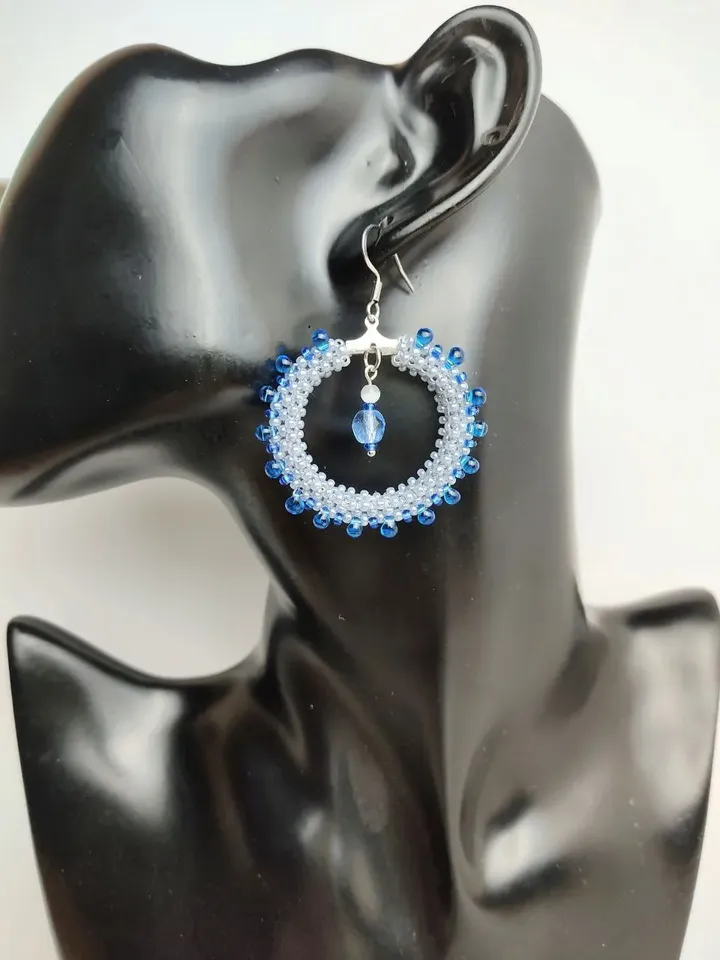 Ring earrings with blue beads drops large fashionable earrings