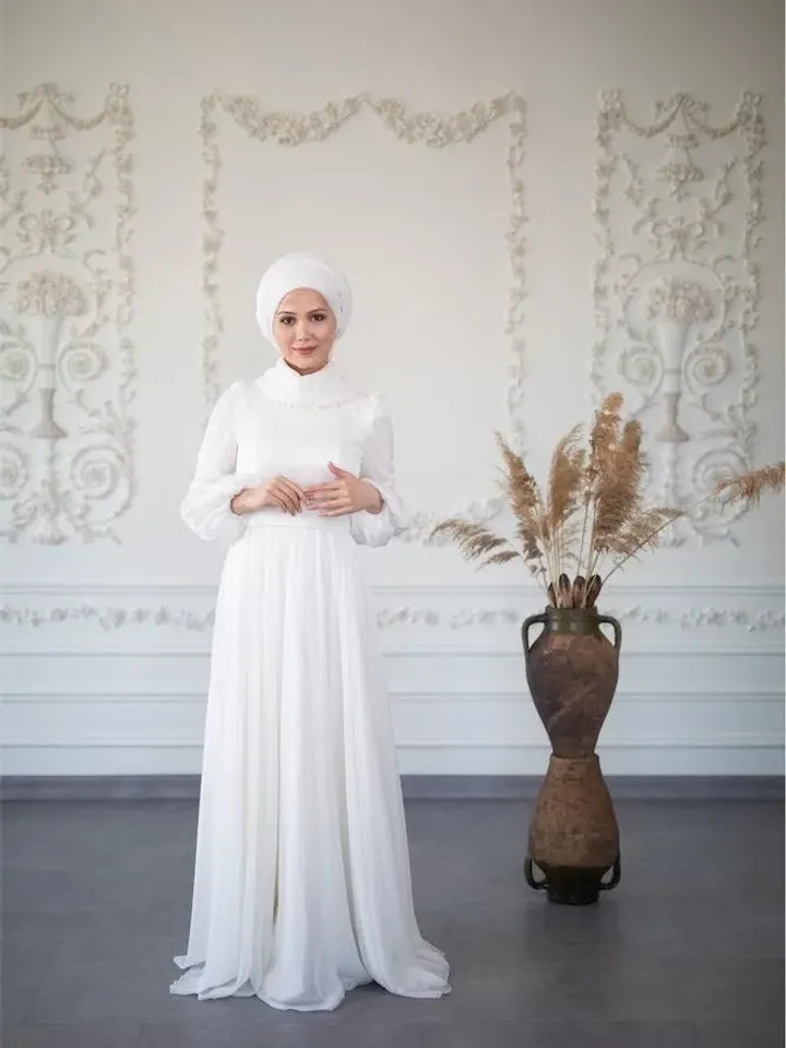 AHUNARE HIJAB - İncioya - White Embroidered Belted Wedding Dress, Muslim Evening Gown, Nikah, Islamic Wedding, Engagement, Bridesmaid,