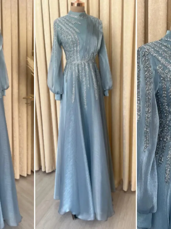 AHUNARE HIJAB - Çağla Aqua Glitter Chiffon Princess Wedding Dress, Muslim Evening Gown, Nikah, Islamic Wedding, Engagement, Bridesmaid,