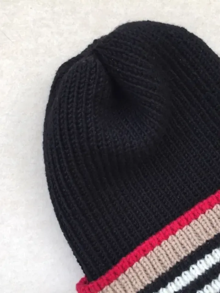 black mens hat with lapel, Striped Wool Beanie for men, hat in the style of Burberry, hat for spring, warm hat for gift