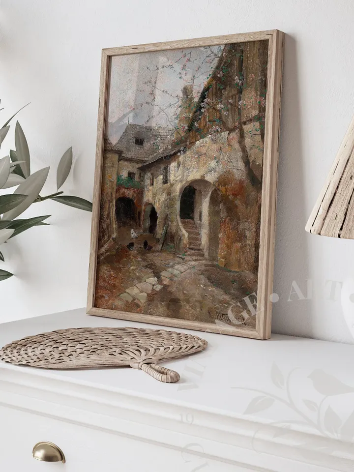 Cottage Yard Vintage Painting, Architecture PRINTABLE Downloadable, Antique Large Wall Art | 151