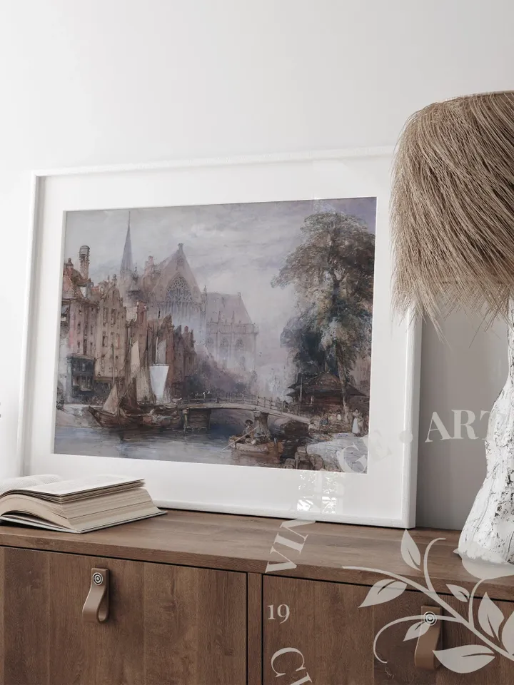 Vintage Amsterdam Large Wall Art Print, Antique Watercolor Painting, Old Architecture Printable Decor, Digital Downloadable | 95